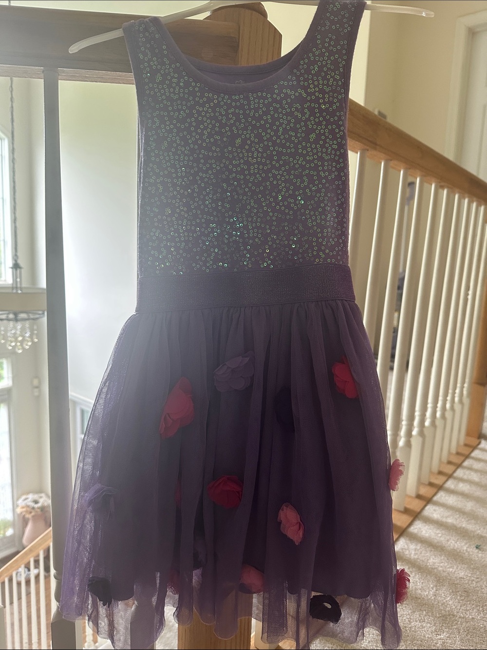 Girls Purple Sequin Tulle Dress with Floral Appliqués